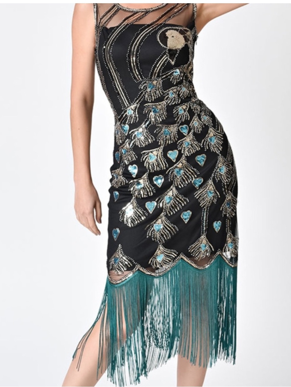 Unique Vintage 1920s Beaded Sequin Peacock Flapper Gatsby Art Deco Fringe Dress